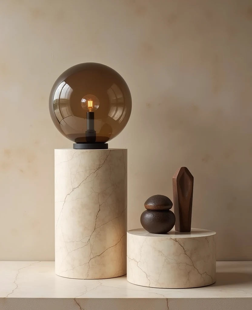 Lámpara escultórica y objetos de aluminio sobre un pedestal de travertino