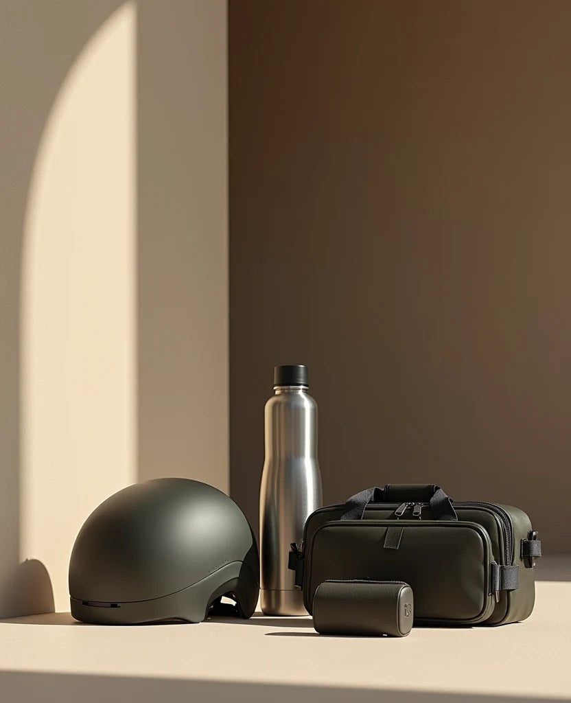 Casco, botella metálica y bolso estructurado en un espacio minimalista