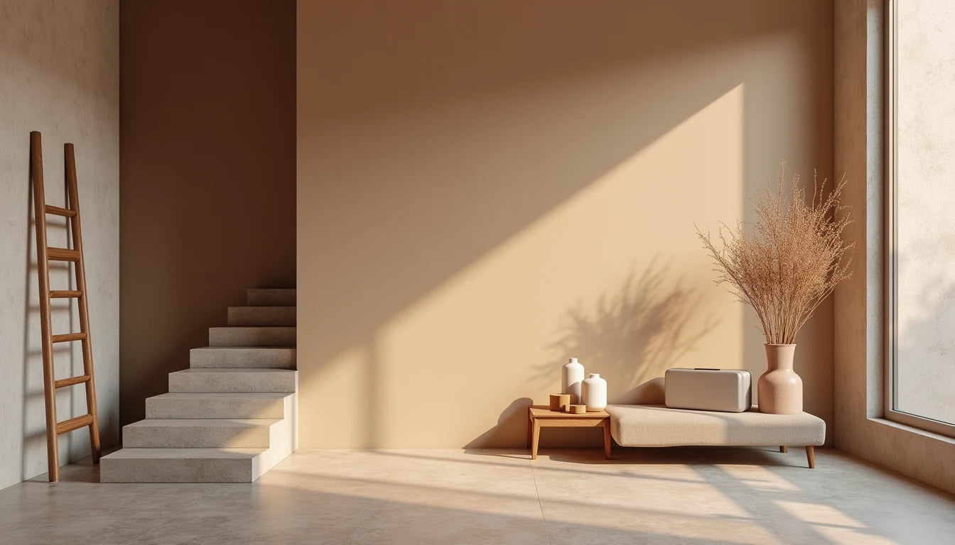 Objetos de diseño y una escalera telescópica de aluminio en un interior cálido con luz natural